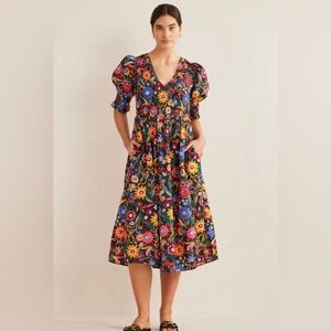 Smocked Bodice Midi Dress  Cotton with pockets